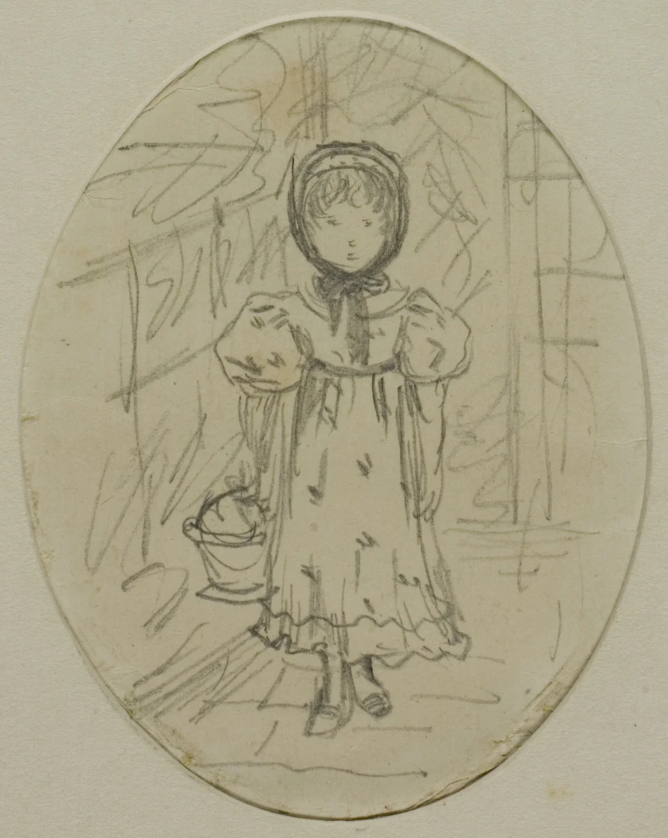 Little Girl in a Garden by Kate Greenaway, drawing, 1884