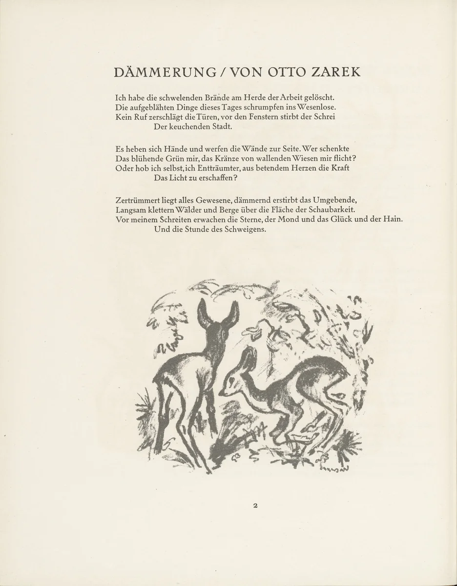 Deer (Rehzwillinge) (tailpiece, page 2) from the periodical Münchner Blätter für Dichtung und Graphik, vol. 1, no. 1 (January 1919) by Richard Seewald, periodical, 1919