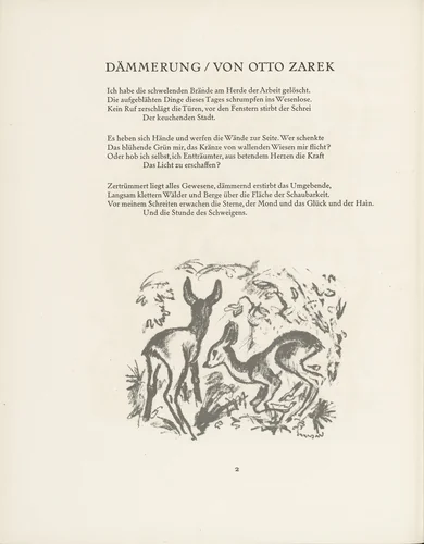 Deer (Rehzwillinge) (tailpiece, page 2) from the periodical Münchner Blätter für Dichtung und Graphik, vol. 1, no. 1 (January 1919) by Richard Seewald, periodical, 1919