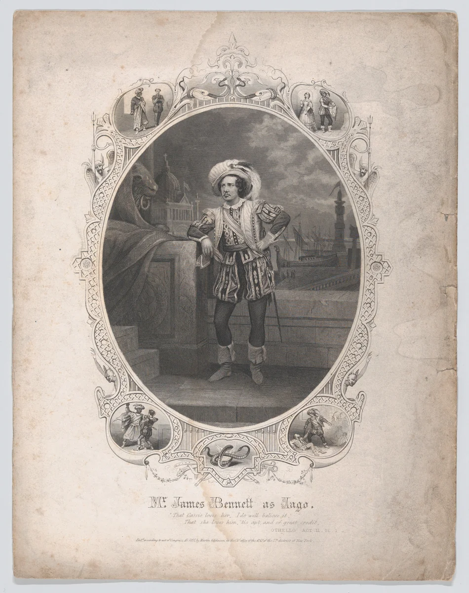 Mr. James Bennett as Iago: "That Cassio loves her, I do well believe it. That she love him, 'tis apt, and of great credit" (Othello, Act 3, Scene 4) by Martin & Johnson, print, 1855