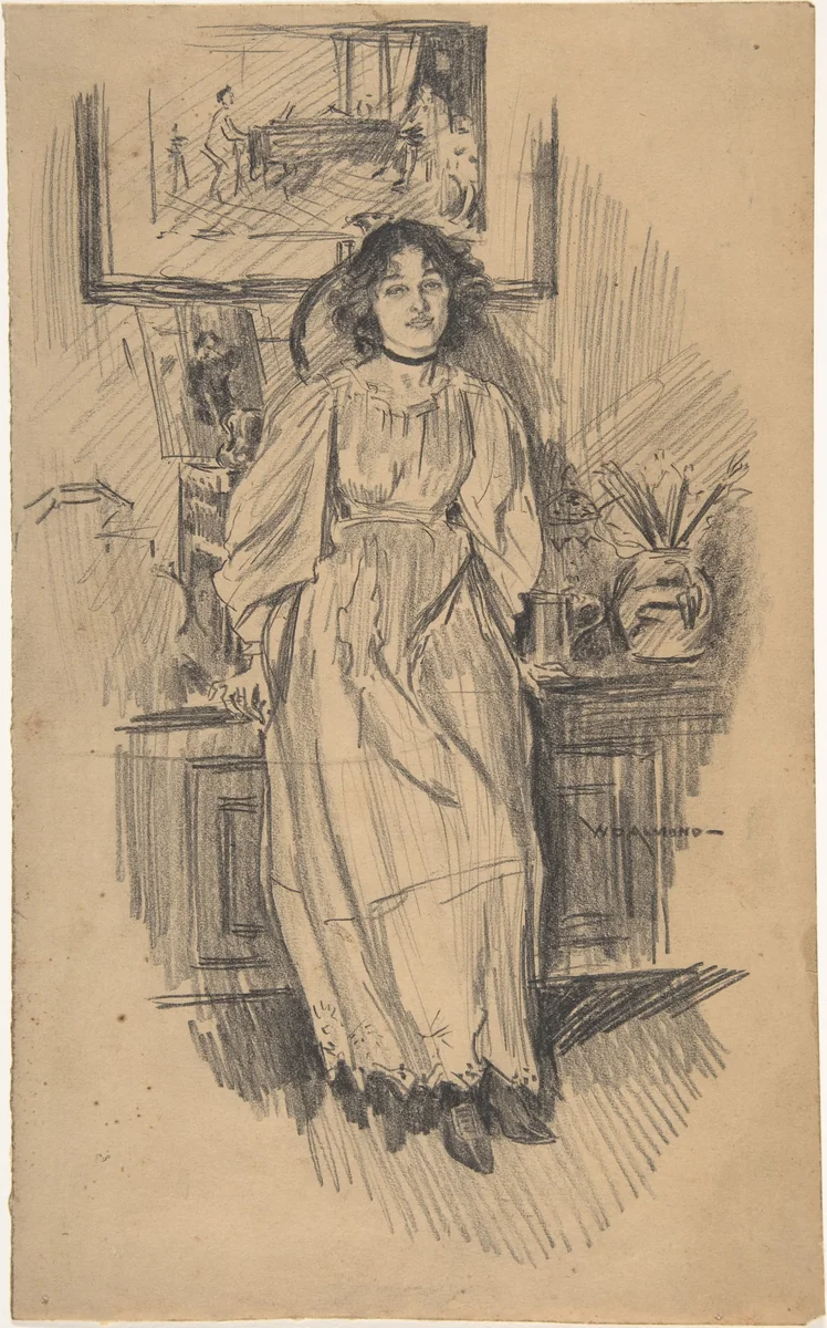 Young Woman Leaning against a Low Cabinet in Artist's Studio by William Douglas Almond, drawing, 1880-1916