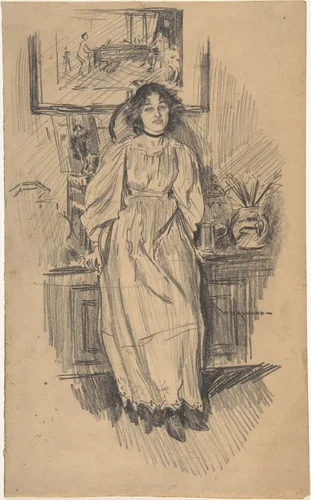 Young Woman Leaning against a Low Cabinet in Artist's Studio by William Douglas Almond, drawing, 1880-1916
