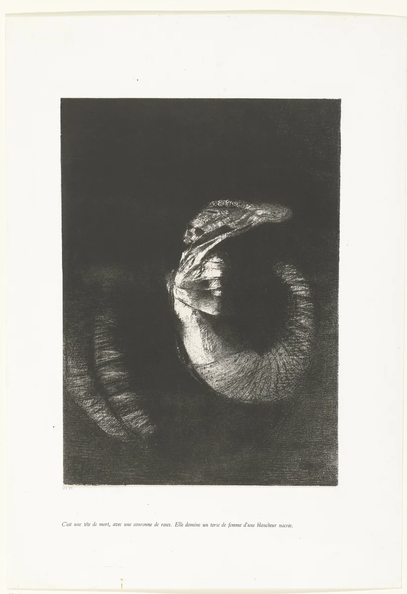 Het is een doodshoofd met een krans van rozen by Odilon Redon, print, 1888