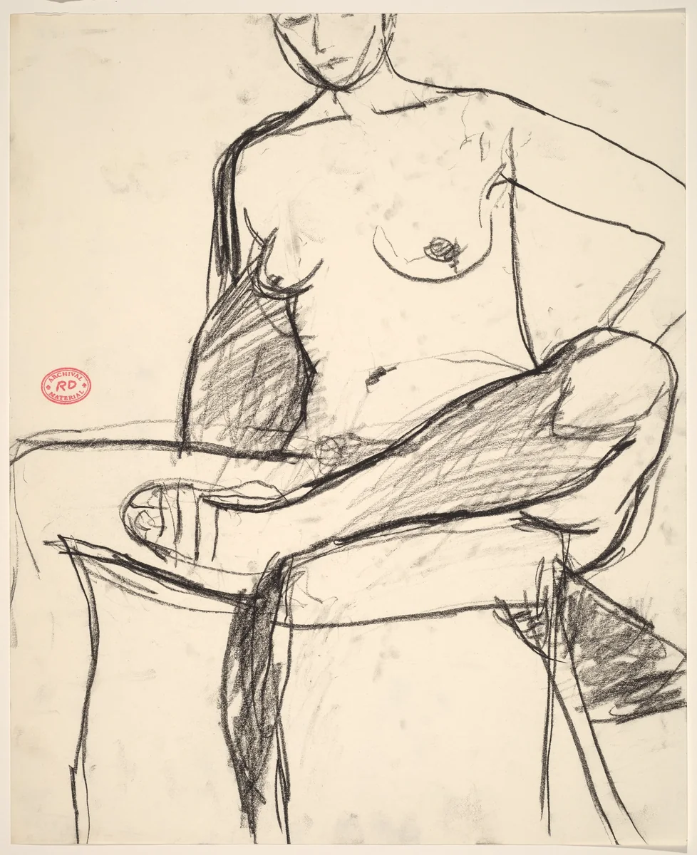 Untitled [seated nude wearing a sandal and pulling her foot into a chair] by Richard Diebenkorn, drawing, 1955-1967