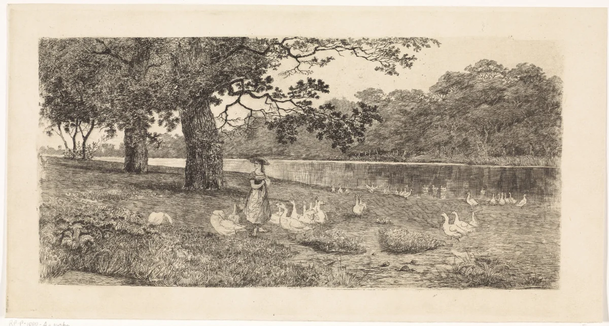 Ganzen bij het water by Elias Stark, print, 1887