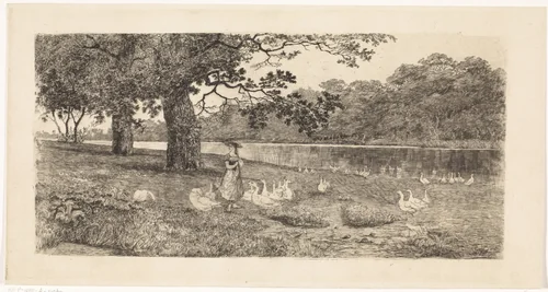 Ganzen bij het water by Elias Stark, print, 1887