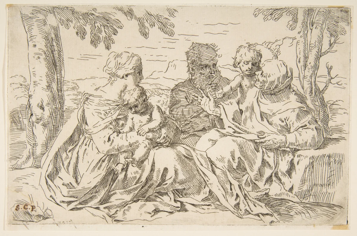 Holy Family with Saint Elizabeth and Saint John the Baptist by Simone Cantarini, print, 1634-1644