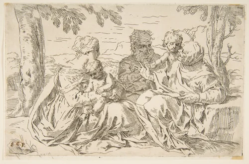 Holy Family with Saint Elizabeth and Saint John the Baptist by Simone Cantarini, print, 1634-1644