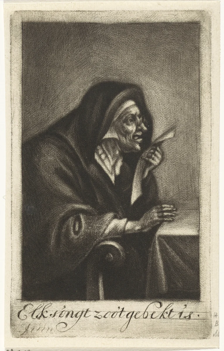 Zingende oude vrouw by Johannes de Groot, print, 1698-1776