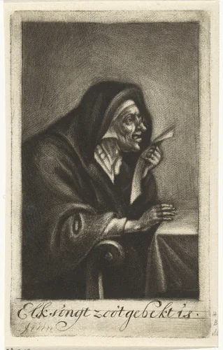 Zingende oude vrouw by Johannes de Groot, print, 1698-1776