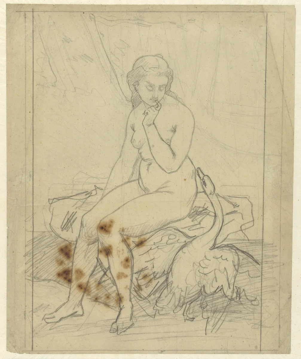 Zittende Leda met de zwaan by Ferdinand Roybet, drawing, 1850-1920