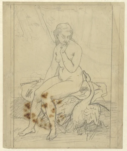 Zittende Leda met de zwaan by Ferdinand Roybet, drawing, 1850-1920