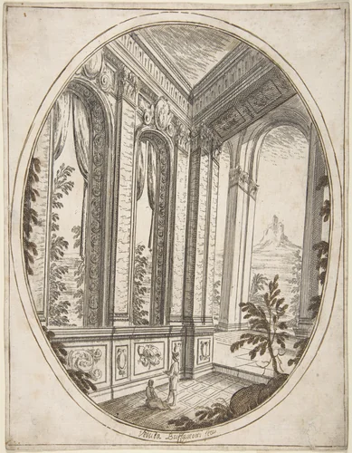 Vertical Oval Vignette of A Palace Interior with Two Figures Admiring Decoration; a Craggy Mountain Seen Through a Window in The Far Distance. by Carlo Antonio Buffagnotti, drawing, 1660-1700