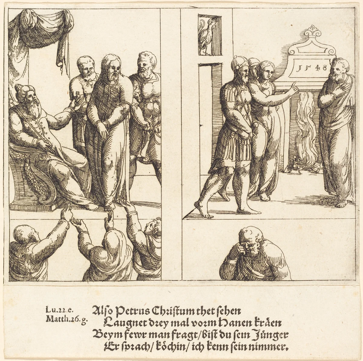 Christ before Caiaphas, and Peter Denying Christ by Augustin Hirschvogel, print, 1548