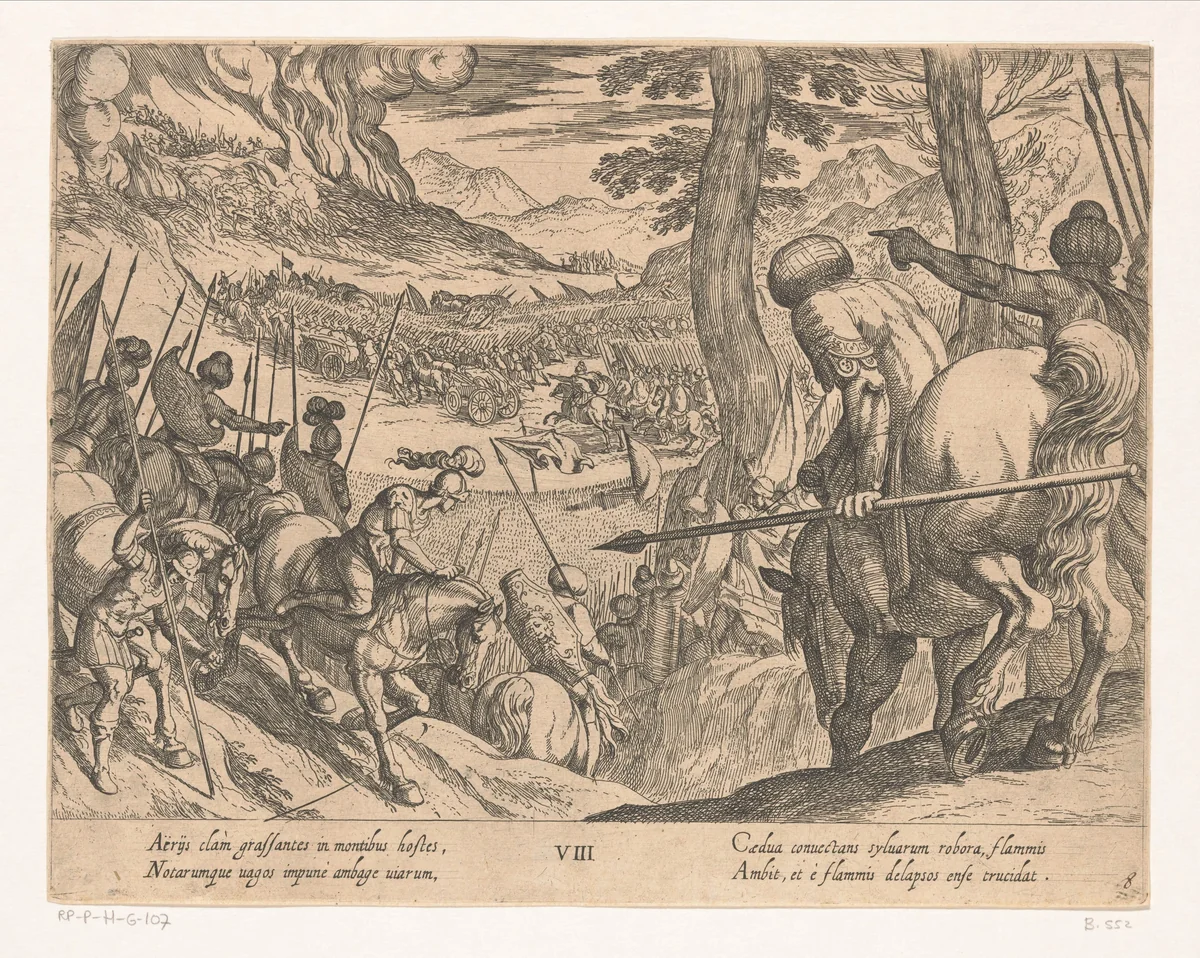 Het leger van Alexander de Grote sluit de vijandelijke troepen in met vuur by Antonio Tempesta, print, 1608