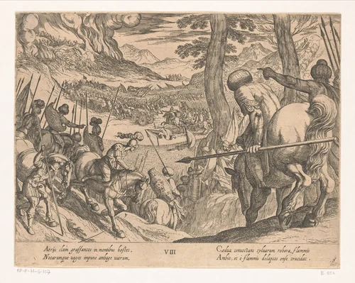 Het leger van Alexander de Grote sluit de vijandelijke troepen in met vuur by Antonio Tempesta, print, 1608
