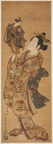 The Actor Onoe Kikugoro I holding a puppet of the Actor Sanogawa Ichimatsu I by Ishikawa Toyonobu, print, 1740-1749