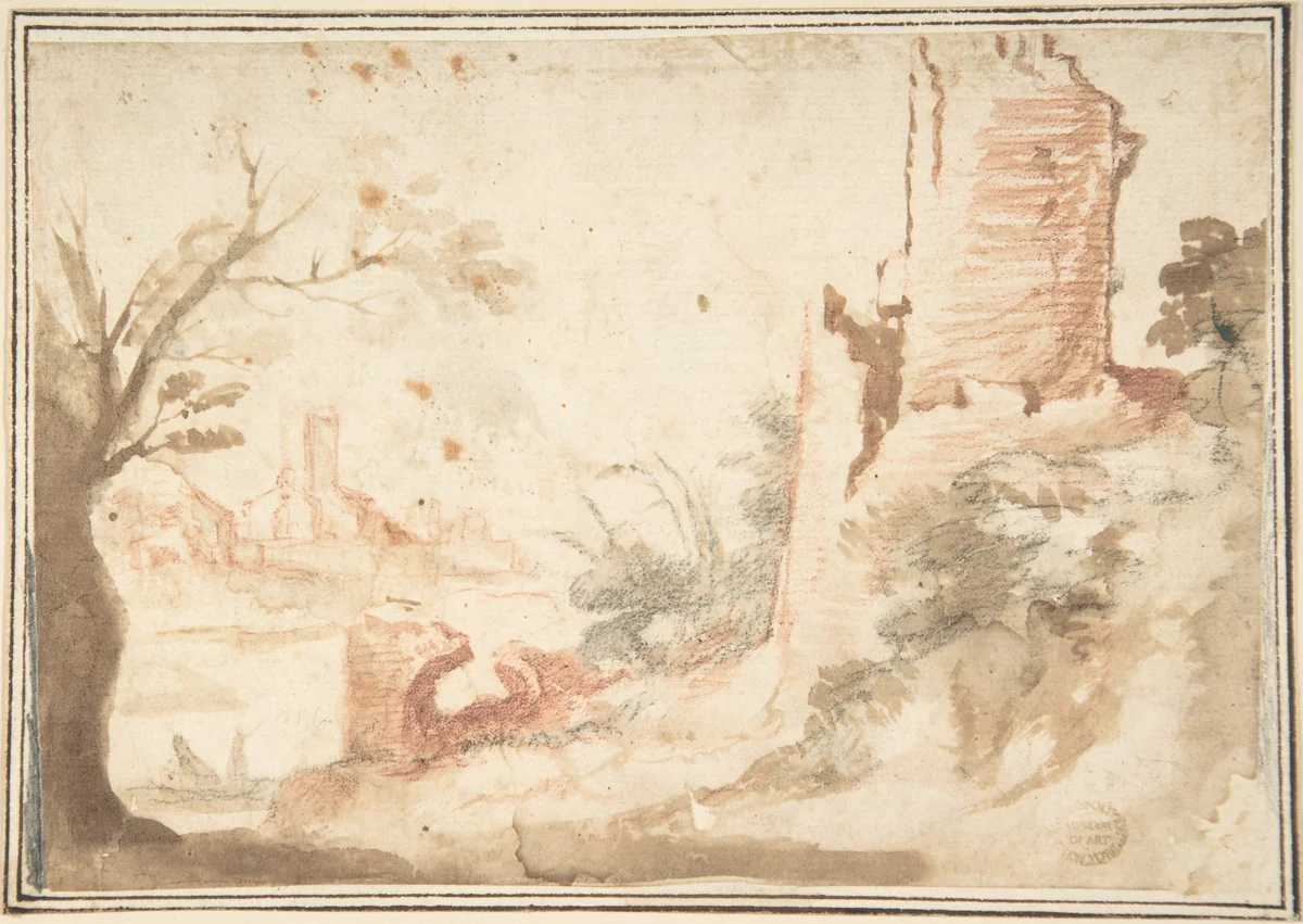 Landscape with Ruined Tower by anonymous, drawing, 1600-1700