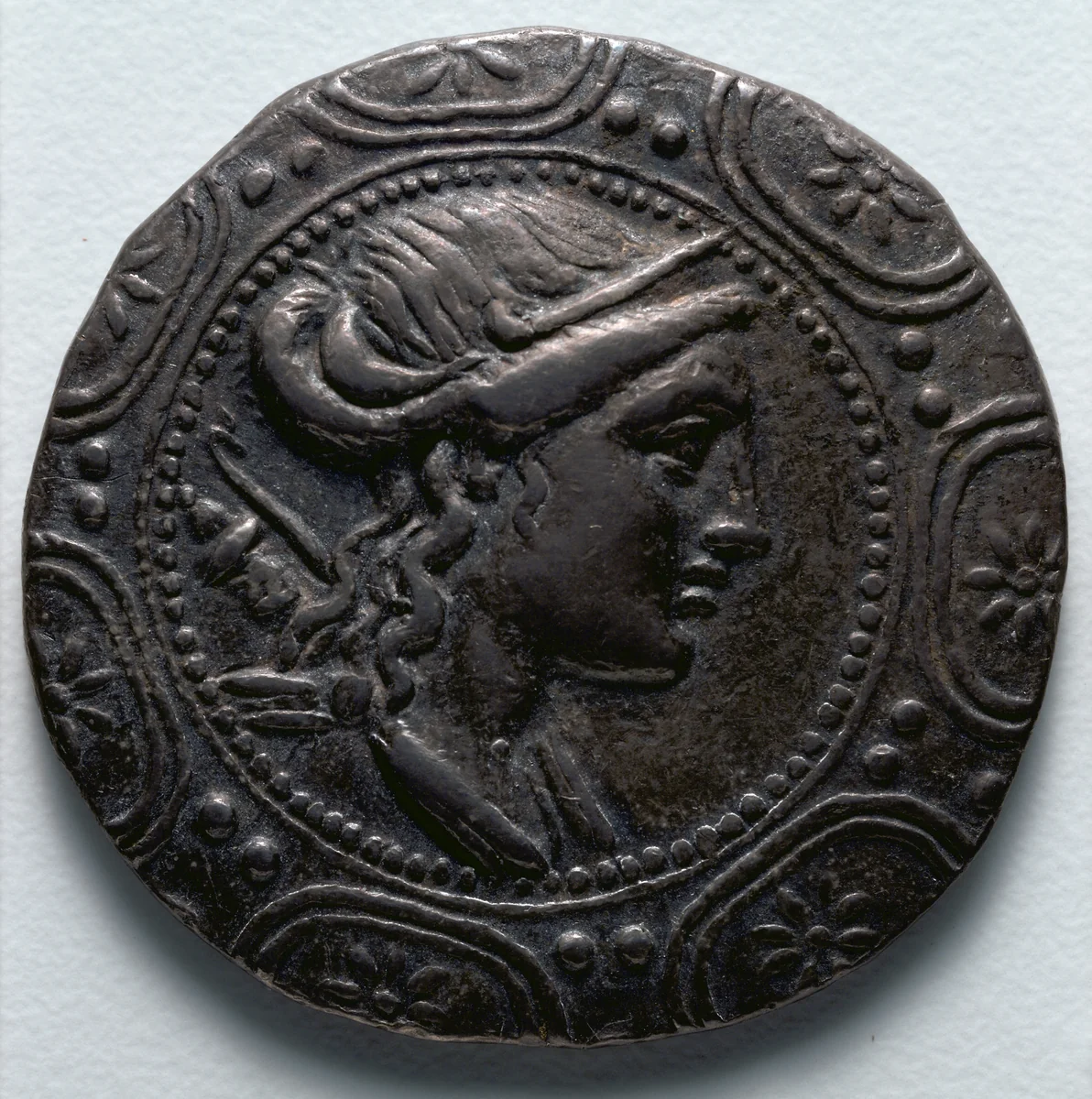 Tetradrachm: Macedonian Shield with Head of Artemis (obverse) by Unknown, metalwork, -158--150