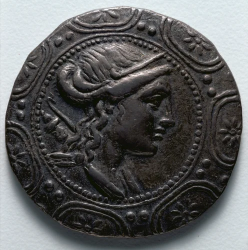 Tetradrachm: Macedonian Shield with Head of Artemis (obverse) by Unknown, metalwork, -158--150