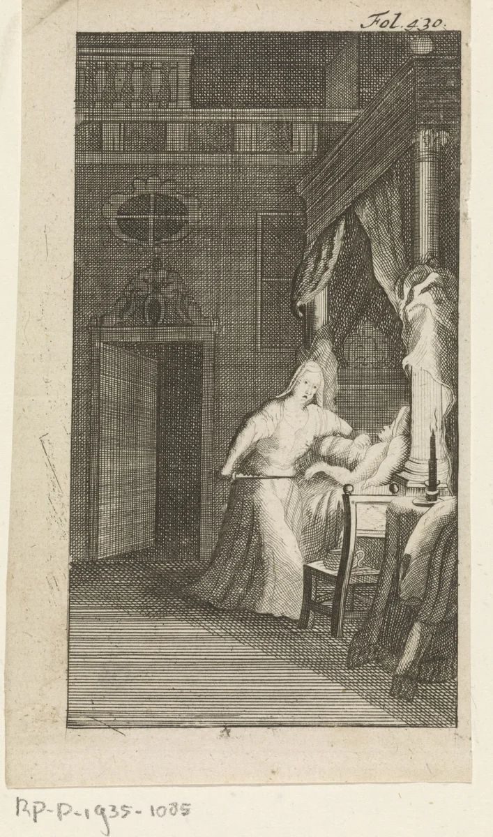 Interieur met vrouw met dolk by Jan de Jonge, print, 1701