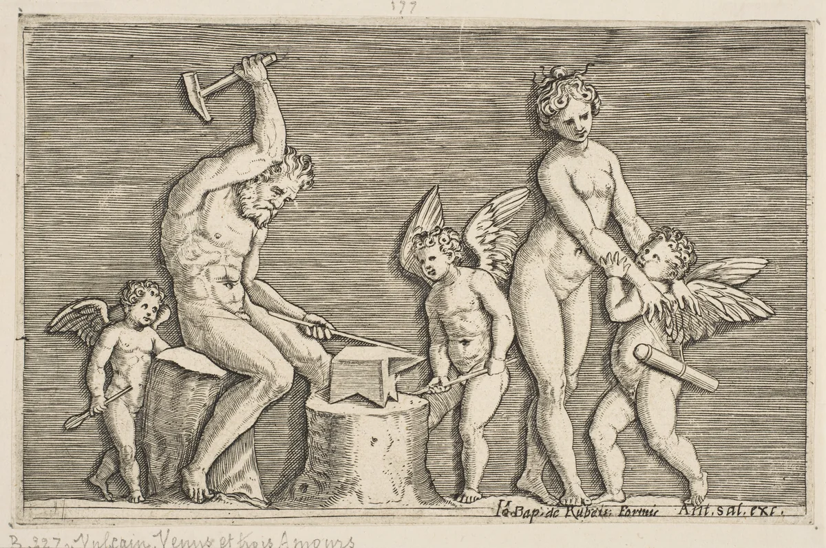 Vulcan seated hammering on an anvil flanked by Venus and three cupids by Marco Dente, print, 1510-1532