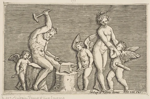 Vulcan seated hammering on an anvil flanked by Venus and three cupids by Marco Dente, print, 1510-1532