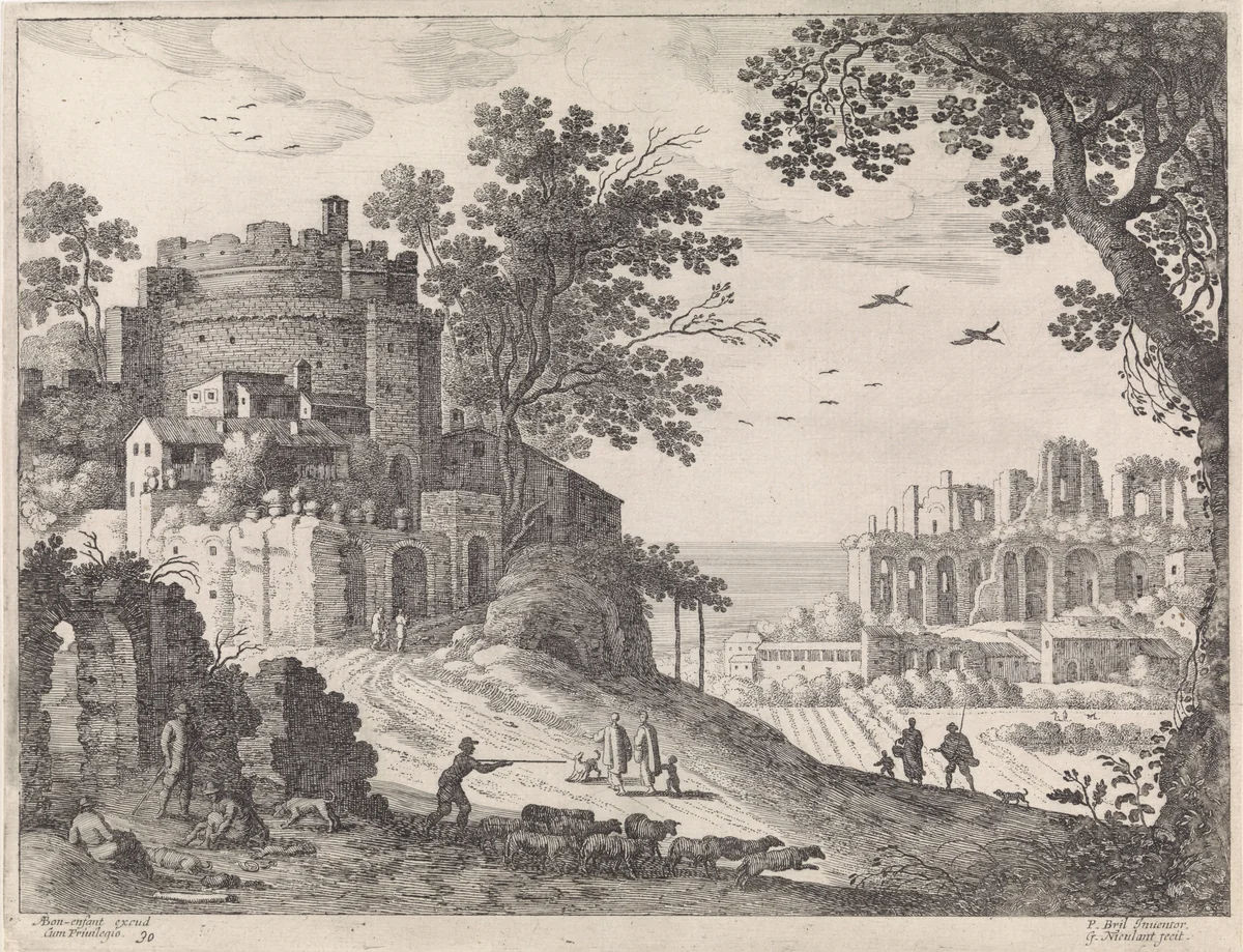 Gebouwen langs een weg by Unknown, print, 1594-1635