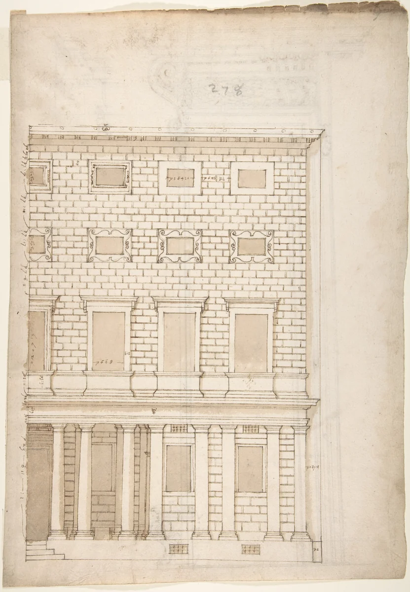 Palazzo Massimo alle Colonne, elevation (recto) Palazzo Massimo alle Colonne, portal, elevation; portal entablature, profile (verso) by anonymous, drawing, 1500-1560