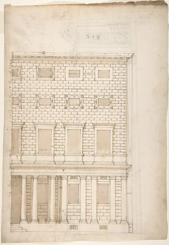 Palazzo Massimo alle Colonne, elevation (recto) Palazzo Massimo alle Colonne, portal, elevation; portal entablature, profile (verso) by anonymous, drawing, 1500-1560