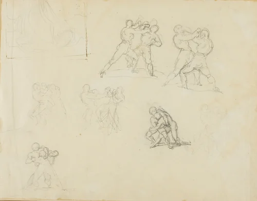 Seven Sketches of Pairs of Boxers or Wrestlers by Jean Louis André Théodore Géricault, drawing, 1818-1819