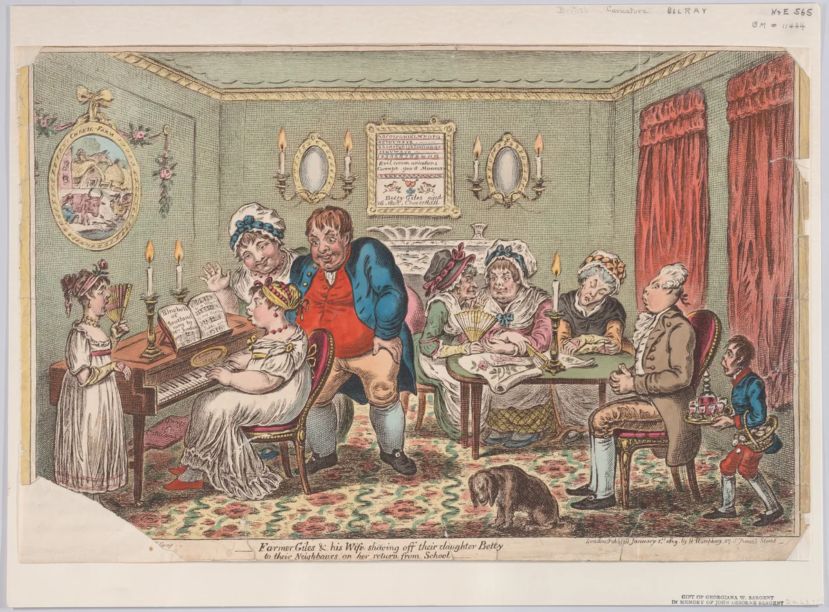 Farmer Giles and His Wife Showing Off Their Daughter Betty to Their Neighbours on her Return from School by James Gillray, print, 1809