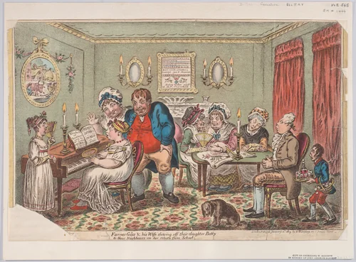 Farmer Giles and His Wife Showing Off Their Daughter Betty to Their Neighbours on her Return from School by James Gillray, print, 1809