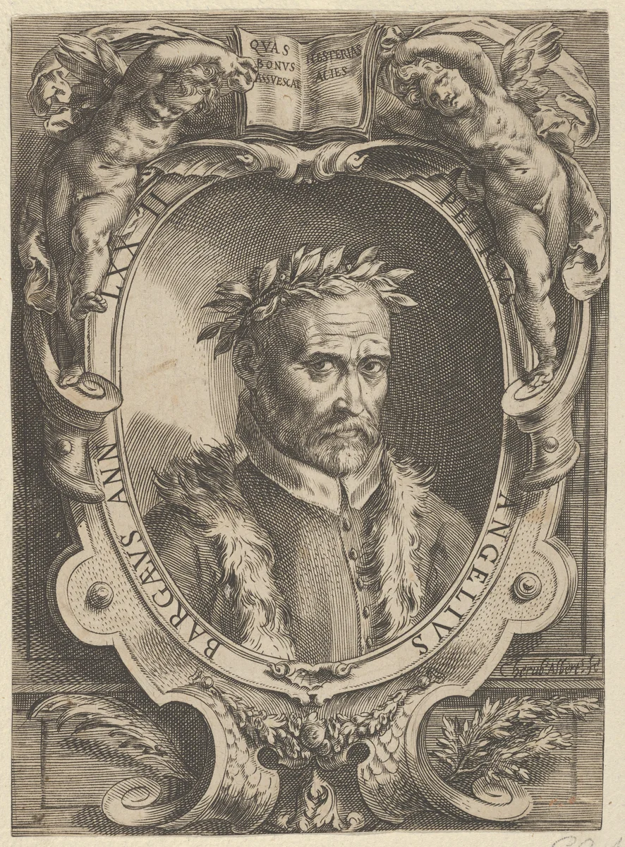 Portrait of Pietro Angela da Barga, bust-length and in a decorative border by Cherubino Alberti, print, 1570-1615