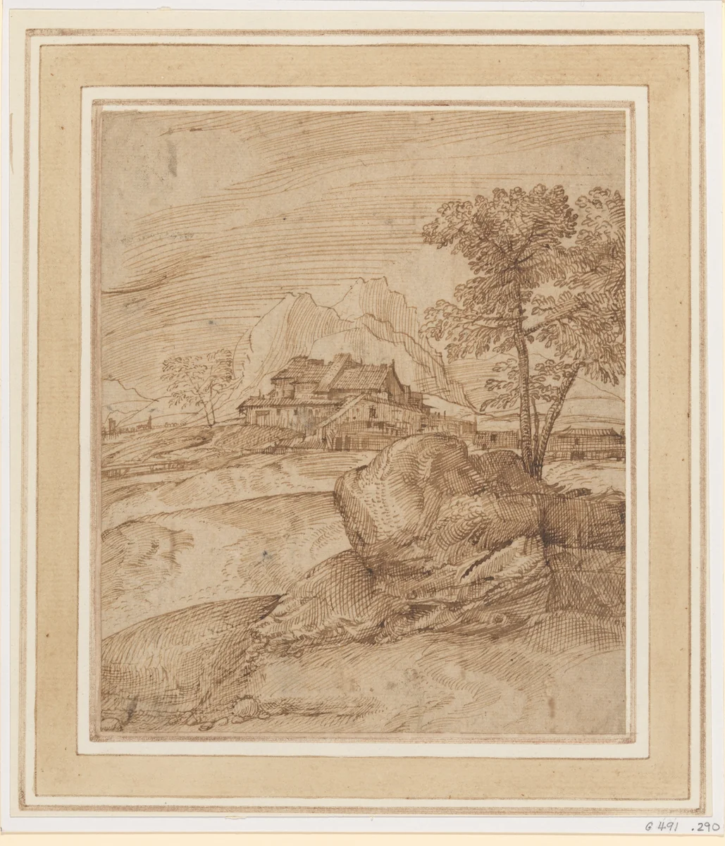 Mountainous Landscape with a Rock, Trees, and Buildings by Domenico Campagnola, drawing, 1517-1523