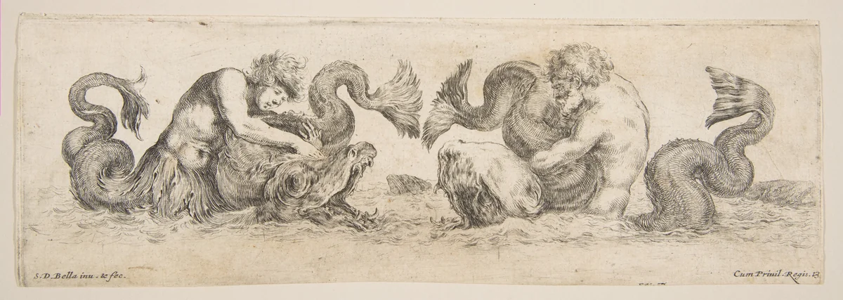 Frieze with Tritons and Dolphins, plate 13 from "Decorative friezes and foliage" (Ornamenti di fregi e fogliami) by Stefano della Bella, print, 1643-1653