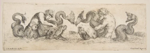 Frieze with Tritons and Dolphins, plate 13 from "Decorative friezes and foliage" (Ornamenti di fregi e fogliami) by Stefano della Bella, print, 1643-1653
