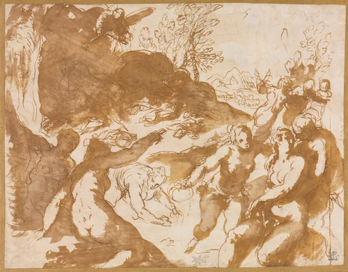 Apollo and the Muses Awakened by the Call of Fame by Jacopo Palma il Giovane, drawing, 1590-1599