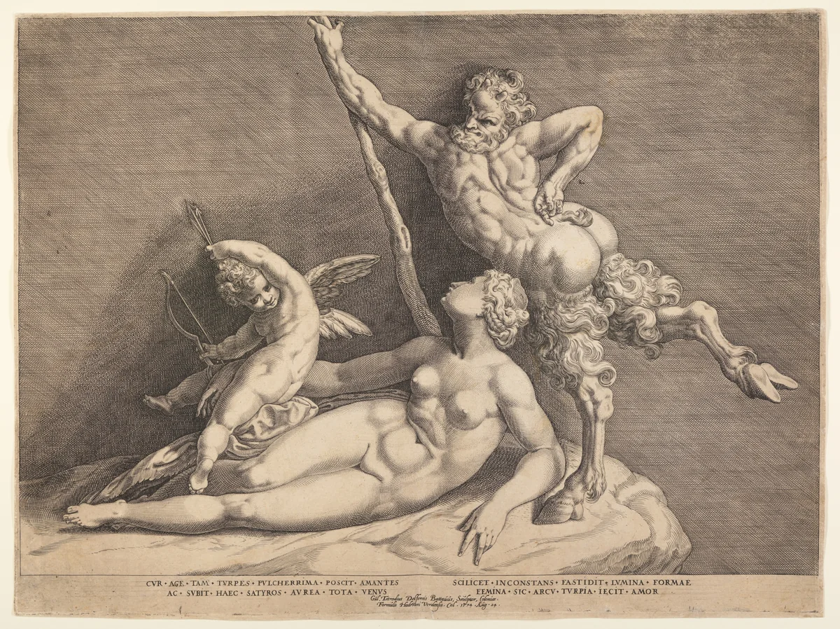 Venus and Cupid with a Satyr by Adriaen de Weerdt, print, 1595-1605
