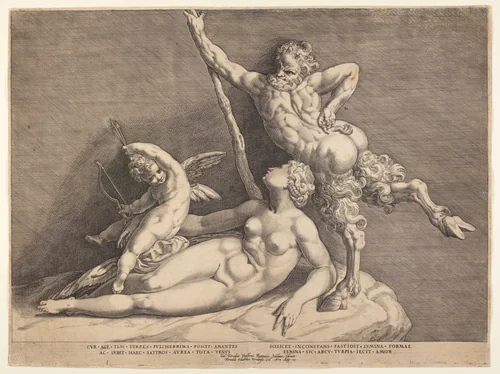 Venus and Cupid with a Satyr by Adriaen de Weerdt, print, 1595-1605