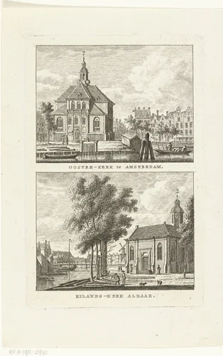 Gezicht op de Oosterkerk en Eilandskerk te Amsterdam by Carel Frederik Bendorp, print, 1786-1792