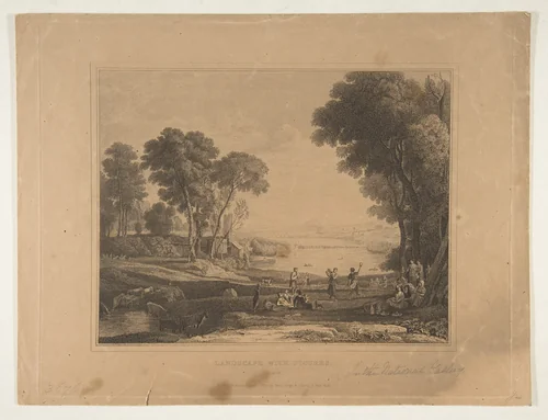 Landscape with Figures (After The Marriage of Isaac and Rebecca, 1648) by anonymous, print, 1830