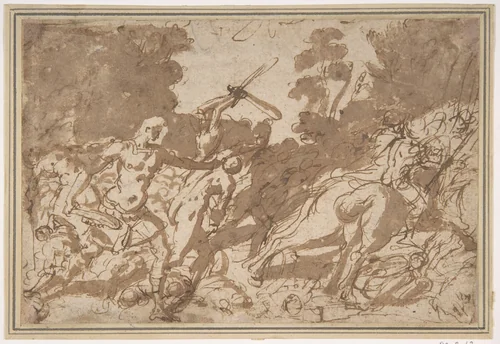Battle Scene (Samson Slaying the Philistines?) by anonymous, drawing, 1600-1700