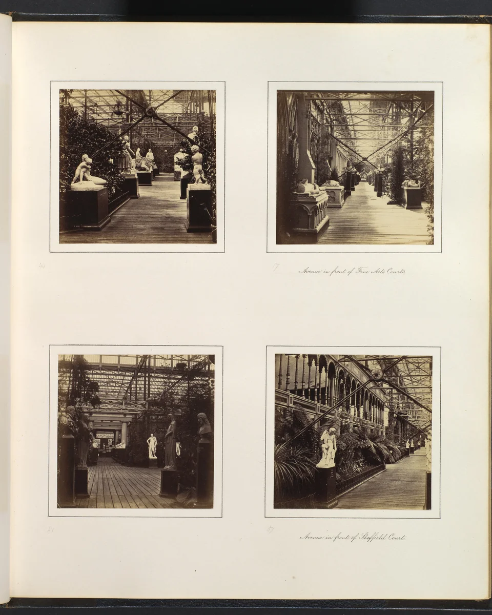 [Court of French and Italian Sculpture; Avenue in Front of Fine Arts Courts; View into Classical Sculpture Gallery; Avenue in Front of Sheffield Court] by Philip Henry Delamotte, photograph, 1857-1861