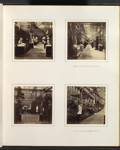 [Court of French and Italian Sculpture; Avenue in Front of Fine Arts Courts; View into Classical Sculpture Gallery; Avenue in Front of Sheffield Court] by Philip Henry Delamotte, photograph, 1857-1861