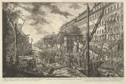 View of the Port of Ripa Grande, from Vedute di Roma (Roman Views) by Giovanni Battista Piranesi, print, 1748-1758