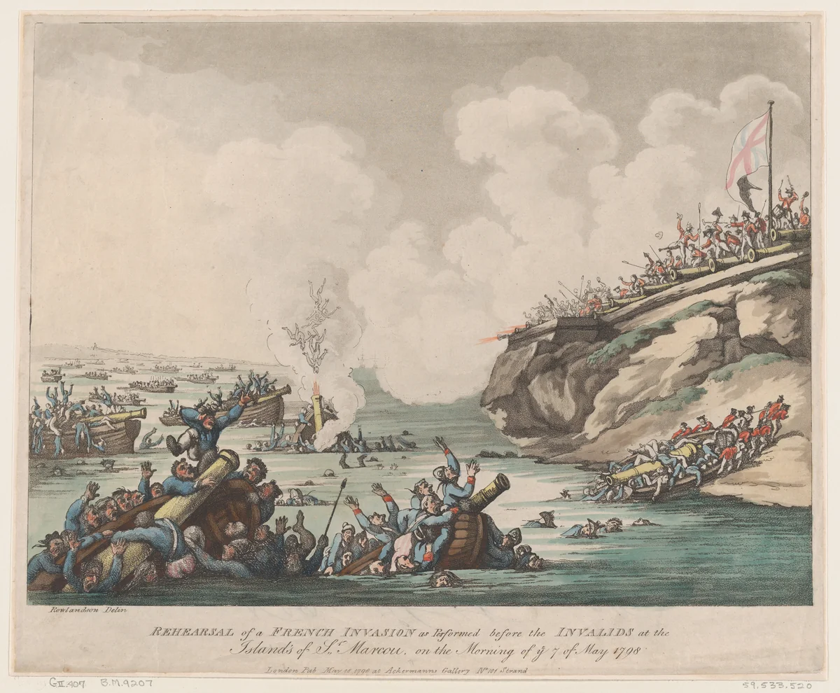 Rehearsal of a French Invasion as Performed before the Invalids at the Islands of St Marcou on the Morning of the 7th of May 1798 by Thomas Rowlandson, print, 1798