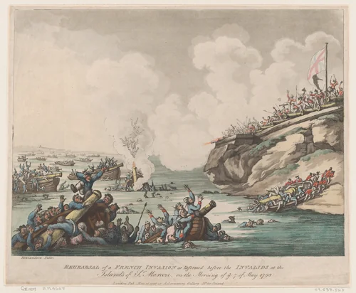Rehearsal of a French Invasion as Performed before the Invalids at the Islands of St Marcou on the Morning of the 7th of May 1798 by Thomas Rowlandson, print, 1798