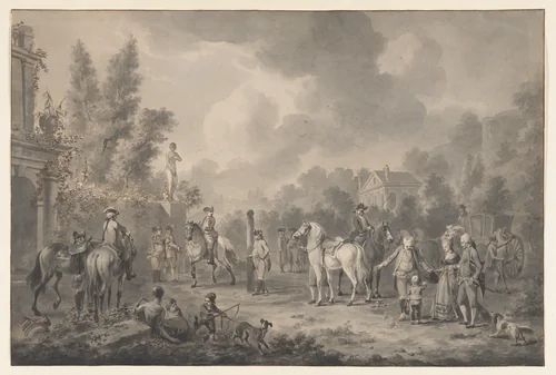 A Riding School with a Visiting Family by Dirk Langendijk, drawing, 1778