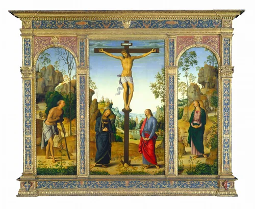 The Crucifixion with the Virgin, Saint John, Saint Jerome, and Saint Mary Magdalene by Pietro Perugino, painting, 1482-1485